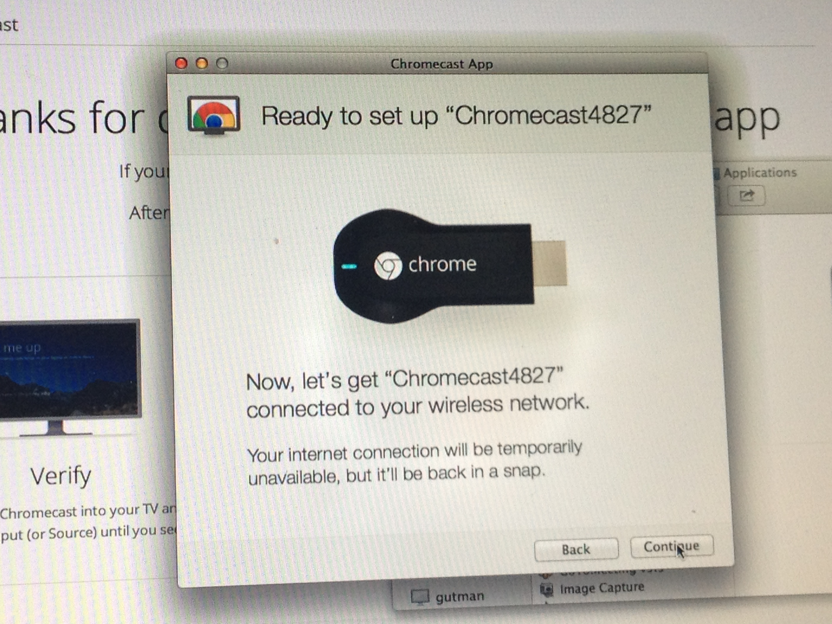 Screenshot of app connecting the Chromecast to the wifi network