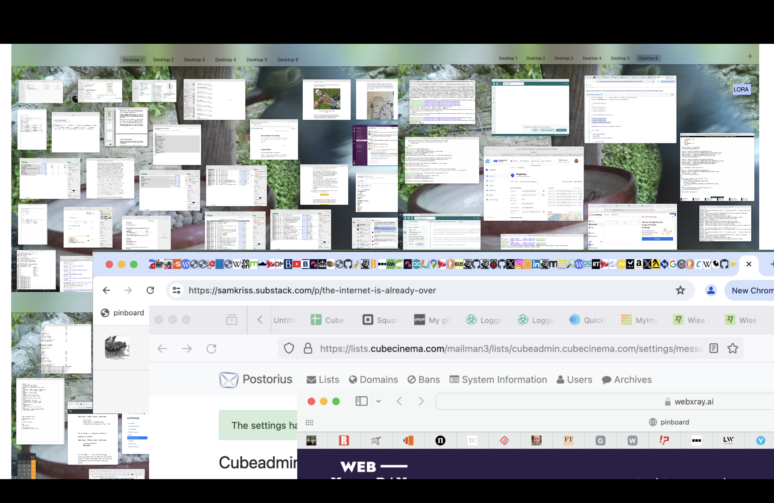 A screenhot of 4 of my 6 deskstops, overlaid with images of browser windows with 100s of tabs