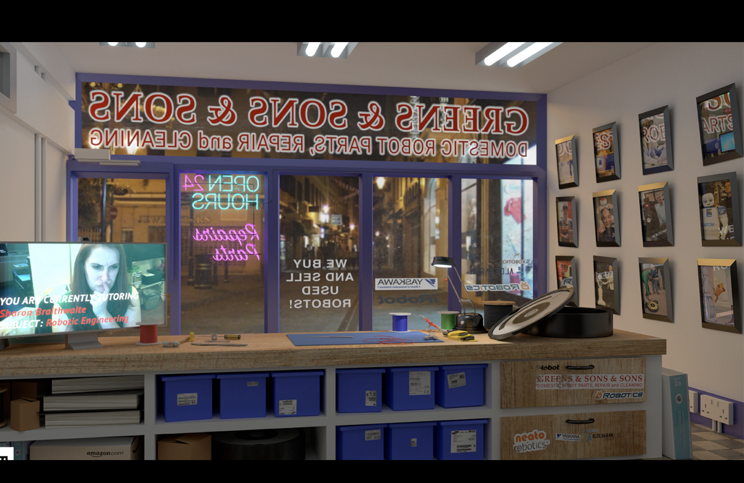 A robot repair shop form the inside, showing various famous custmers, boxes of parts, some sort of mentoring going on via a computer and a neon sign saying open 24 hours.
