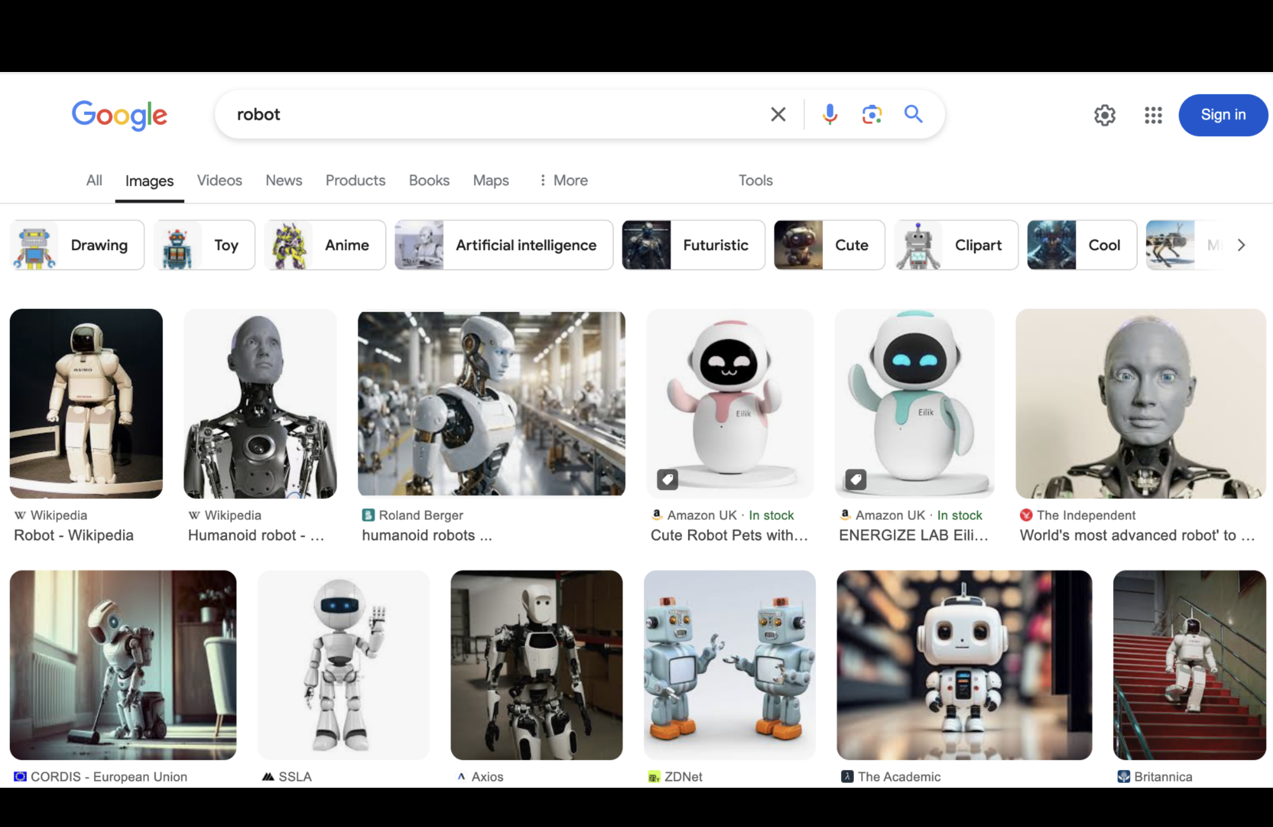 A screenshot of a google search for robot, showing lots of white shiny robots, many humanoid