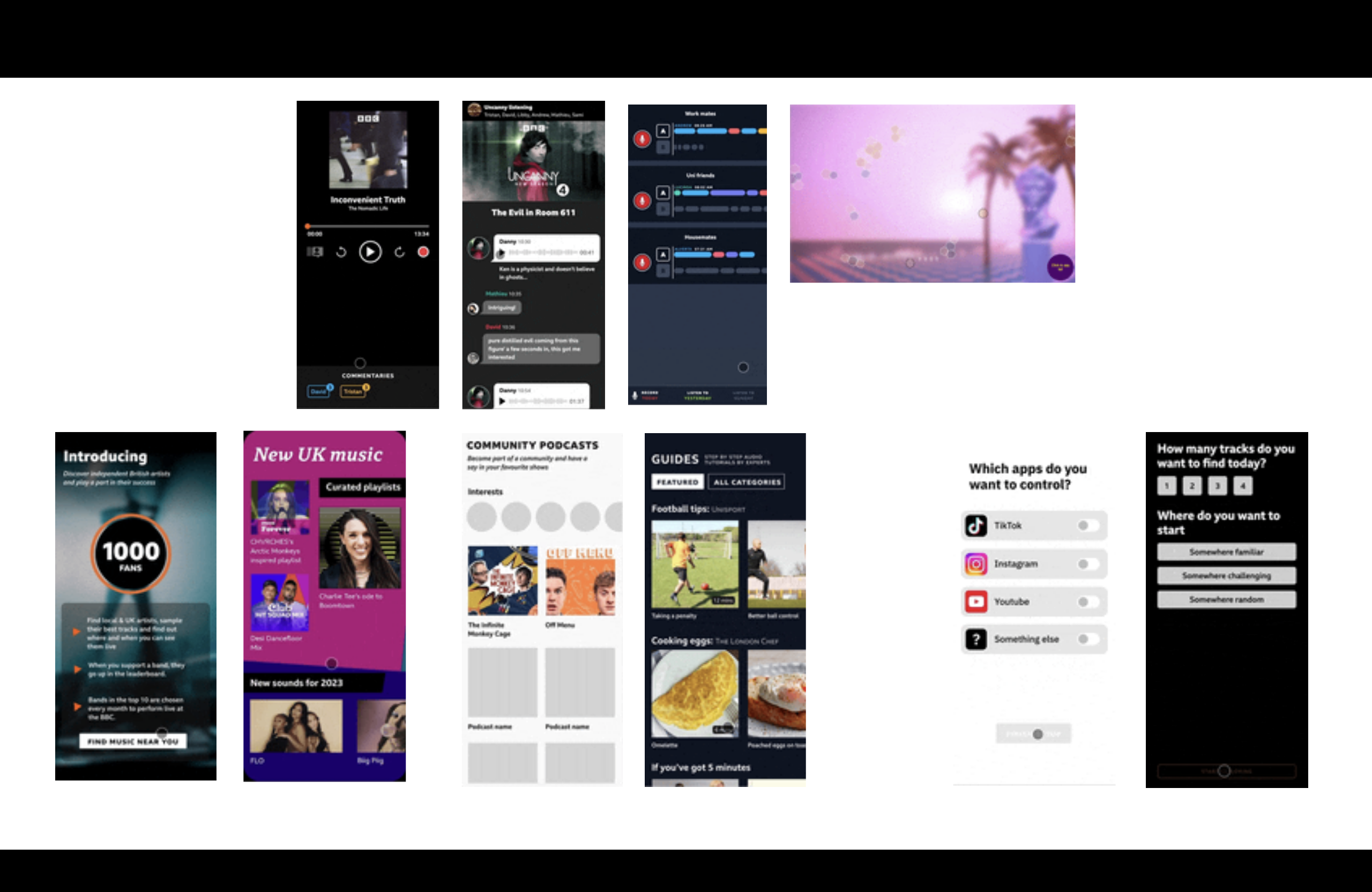 A screenshot of various music related prototypes as phone shaped web apps