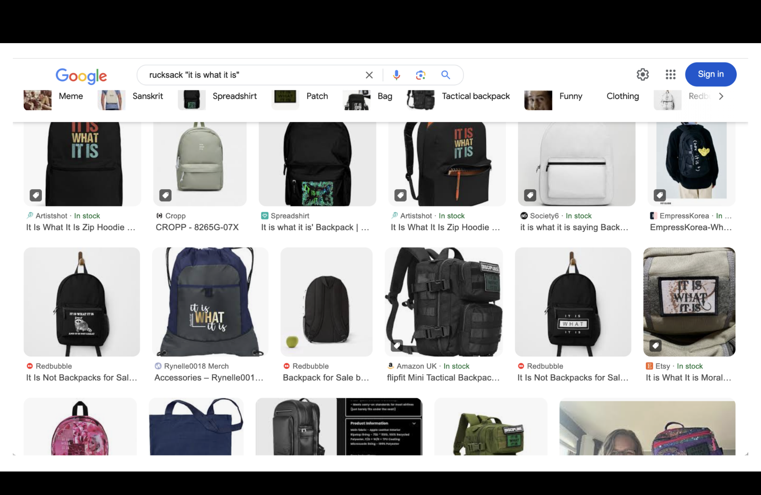 A screenshot of a google search for 'rucksack "it is what it is"' showing many rucksacks with that logo / message