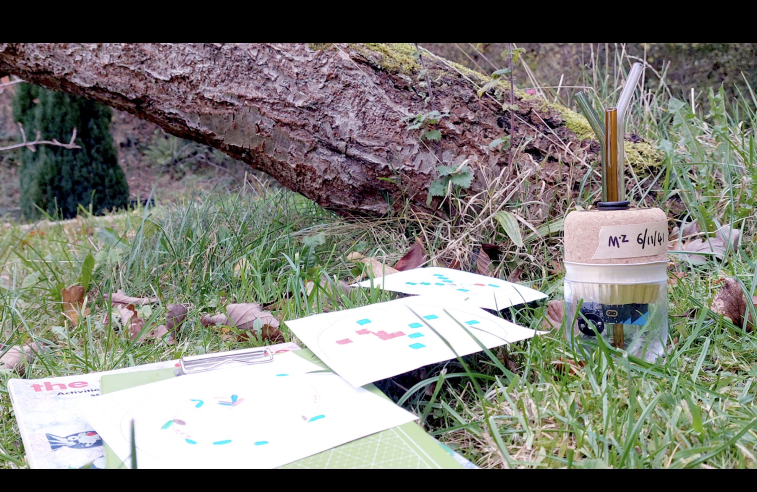 A picture of the MZ sensor in some grass next to a log and some pretend data outputs
