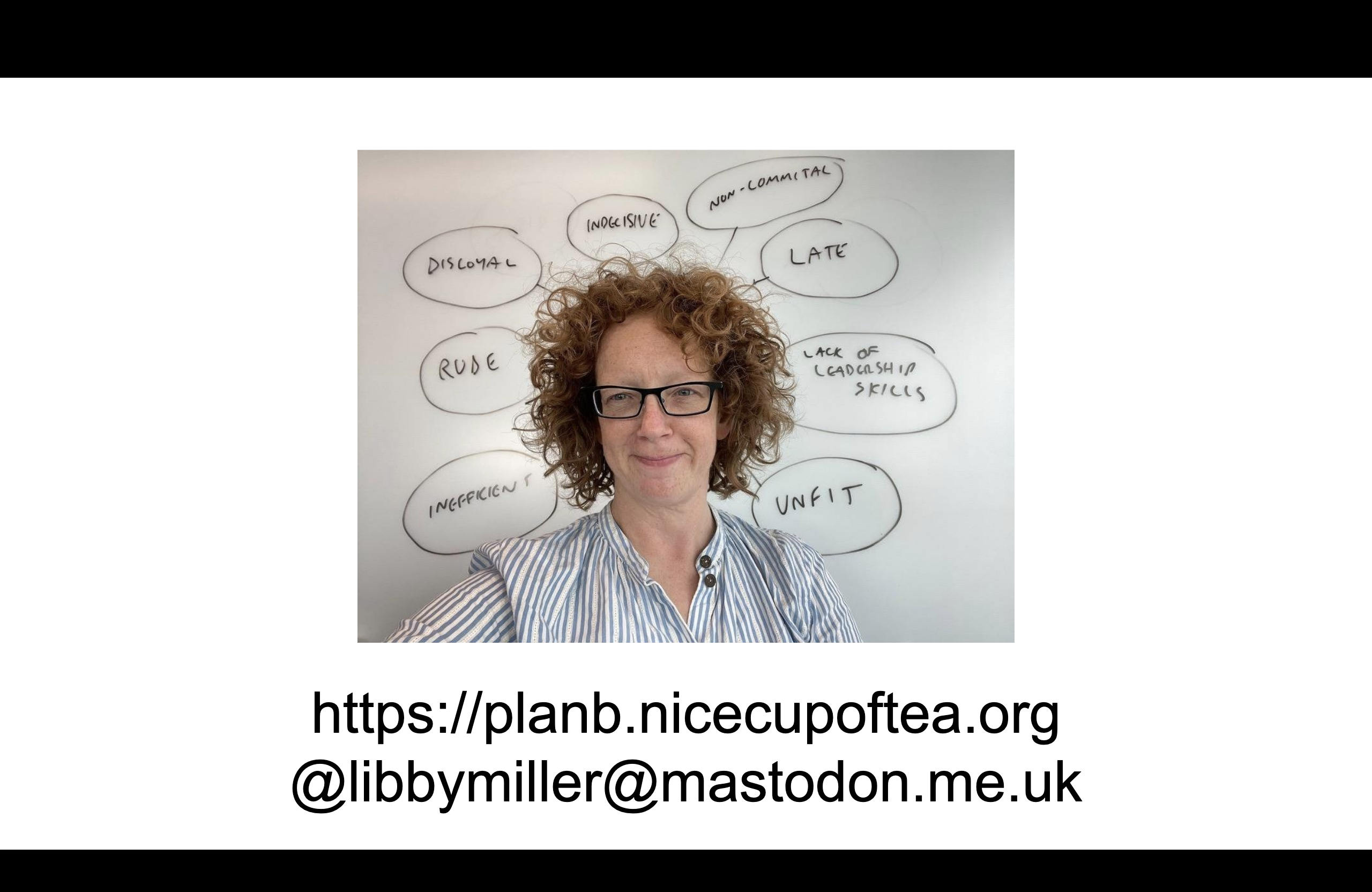 A silly picture of Libby based on a shot from Hot Fuzz with me in front of a whiteboard with various insulting remarks in bubbles on it. Also a link to my blog and mastodon.