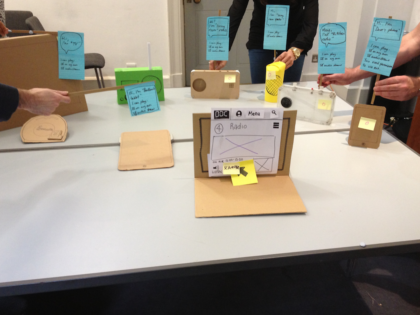 A load of cardboard prototypes of different devices showing what happeneds when a message is passed between them