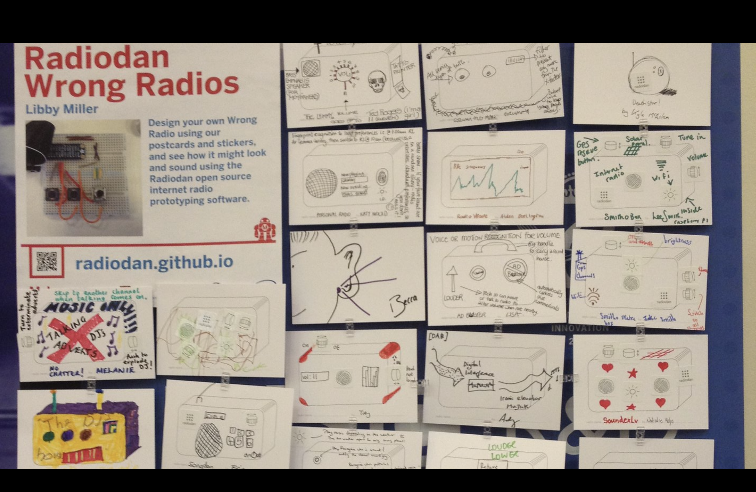 Lots of postcards drawn on by people enetiled 'wrong radios'
