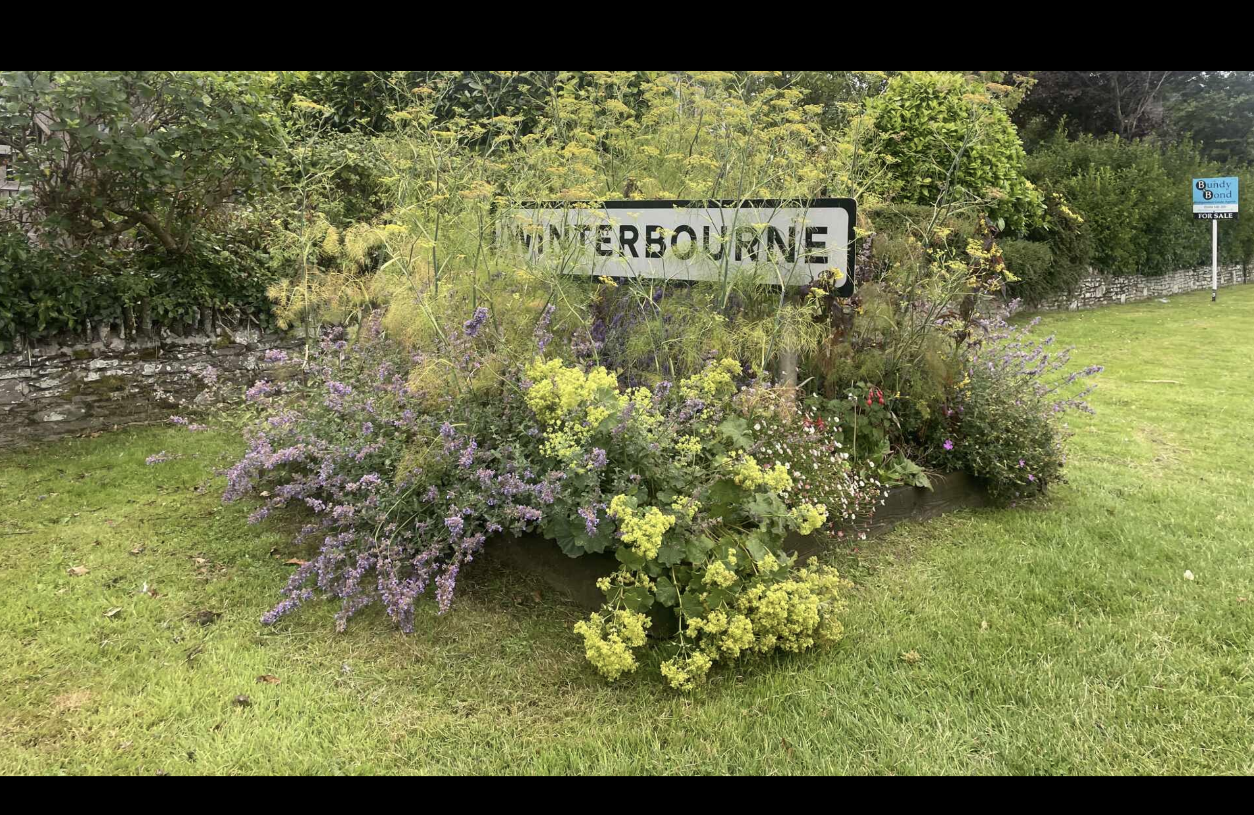 A sign post for Winterbourne, almost completely covered with plants and flowers