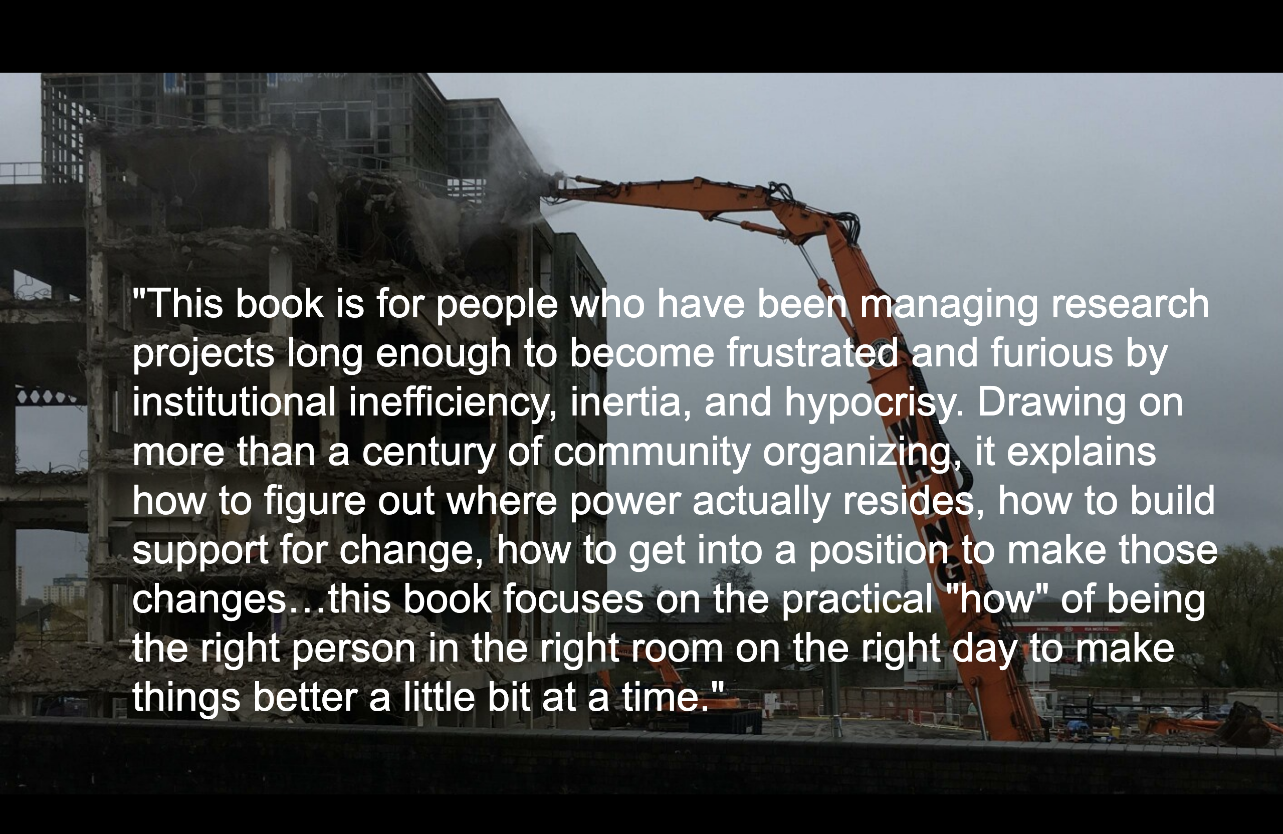 The old Post office near Temple Meads being destroyed by a massive building smasher, with the quote below over it