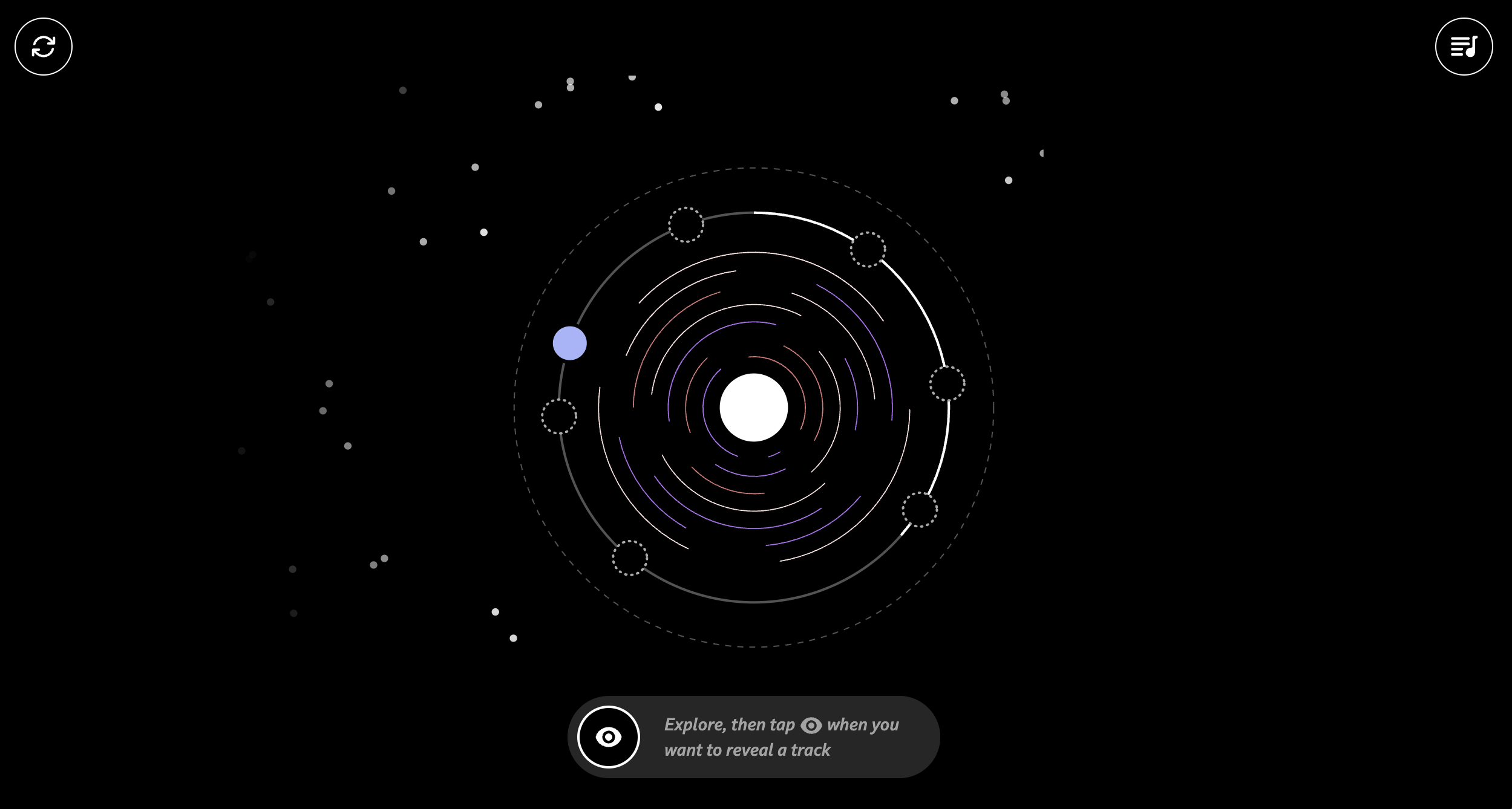 A screenshot of Orbit music showing concentric circles surrounded by blobs representing tracks